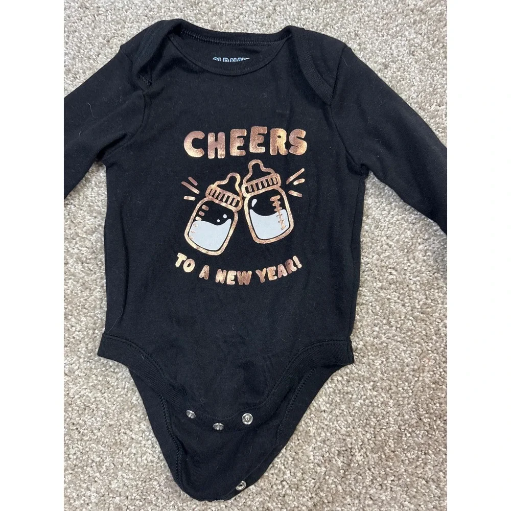 Old Navy Baby Cheers to a New Year Bodysuit Black Rose Gold 3-6M Long Sleeve